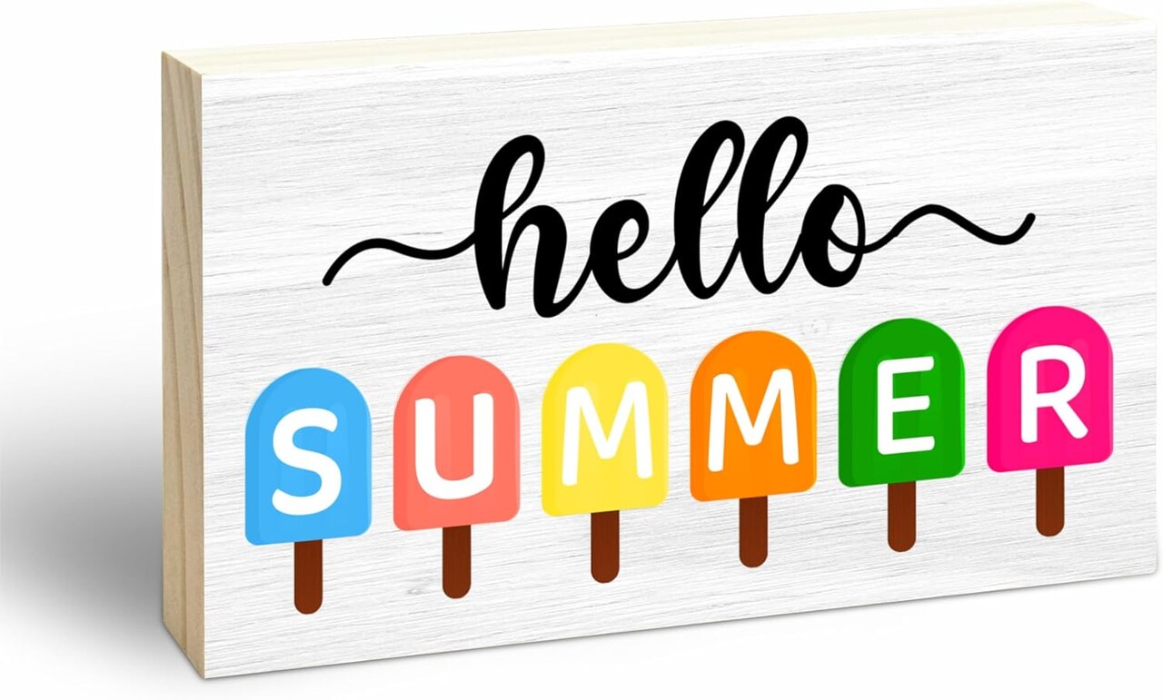 Hello Summer Wooden Block Sign - 3"X5" Pine Wood Plaque, Home & Office Decorations, Housewarming Gift, Table, Shelf, Desk Decor & Accessories